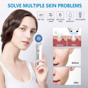 Facial Cleansing Brush, Brush for Exfoliating, IPX7 Waterproof 3 in 1 for Massaging, Deep Cleansing Rechargeable with 4 Brush Head Replacements, White - Image 3