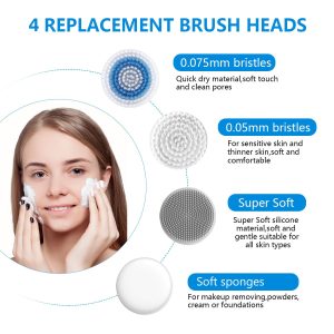 Facial Cleansing Brush, Brush for Exfoliating, IPX7 Waterproof 3 in 1 for Massaging, Deep Cleansing Rechargeable with 4 Brush Head Replacements, White - Image 4