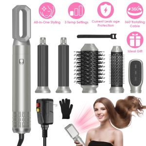 6 In 1 Hot Air Styler Volumizer Straightener Curler Dryer Automatic Wrap Styler Hair Dryer Brush Set with 3 Temp Settings ALCI Plug Glove Cable Zip Tie