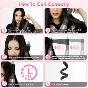 6 In 1 Hot Air Styler Volumizer Straightener Curler Dryer Automatic Wrap Styler Hair Dryer Brush Set with 3 Temp Settings ALCI Plug Glove Cable Zip Tie - Image 10