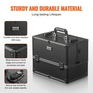 VEVOR Makeup Train Case 14.6 inch Large Portable Cosmetic Case, 6 Tier Trays Professional Makeup Storage Organizer Box Make Up Carrier with Handle And Strap Travel Case for Women and Girls - Black - Image 5