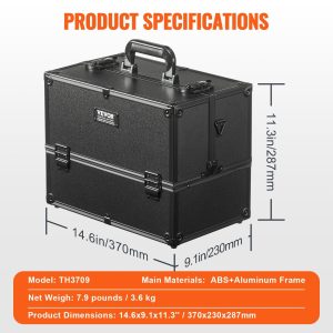 VEVOR Makeup Train Case 14.6 inch Large Portable Cosmetic Case, 6 Tier Trays Professional Makeup Storage Organizer Box Make Up Carrier with Handle And Strap Travel Case for Women and Girls - Black - Image 7