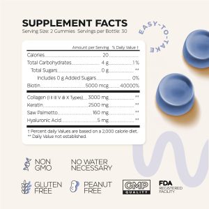 Collagen Peptide Gummies for Women and Men 3000 Mg Collagen Gummy Supplement for Healthy Hear Skin Nails and Bones Hyaluronic Acid Biotin Keratin Saw Palmetto Sugar Free No GMO and Gluten - Image 6